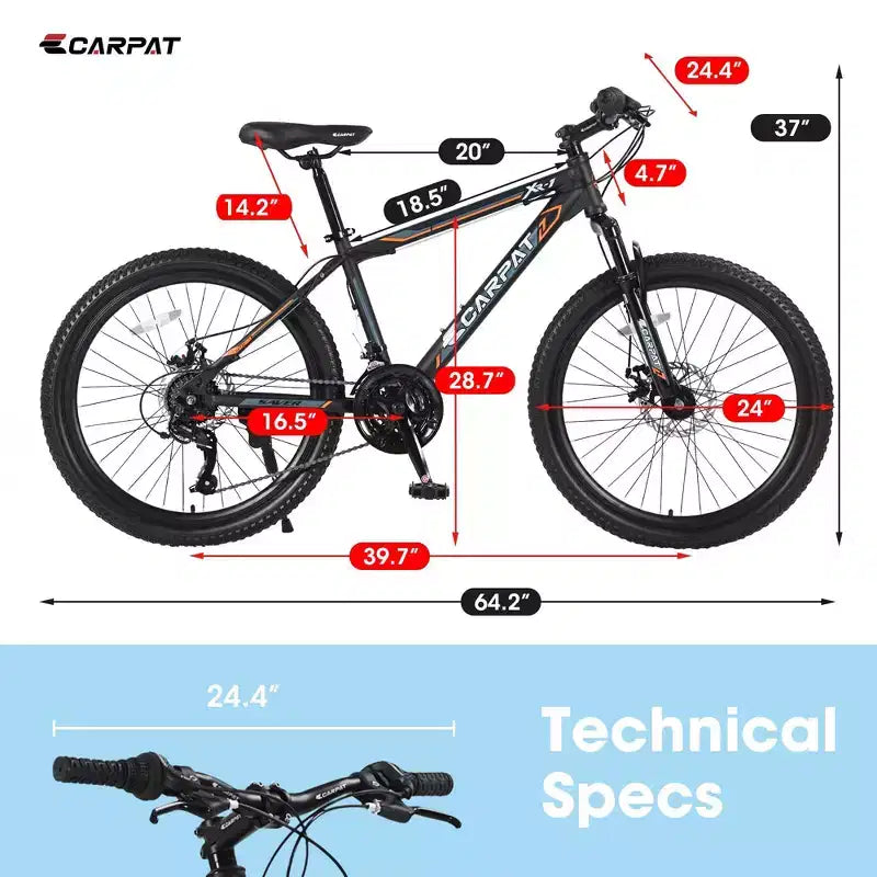 NAYSAYE 24 Inch Mountain Bike 21 Speed Dual Disc Brakes Steel Frame Bikes for Adults for Outdoor Adventure, Black and Orange, 56.3*7.88*28.35