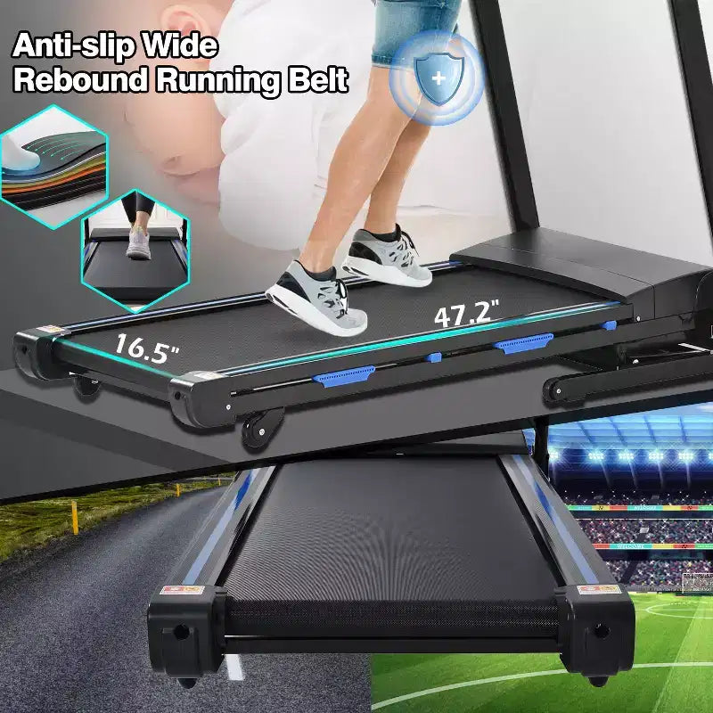 Tapis de course électrique pliable FYC, capacité de poids de 150 kg avec inclinaison automatique de 15 %, moteur 3,5 CV, vitesse max. 16 km/h, Bluetooth, application, capteur de fréquence cardiaque