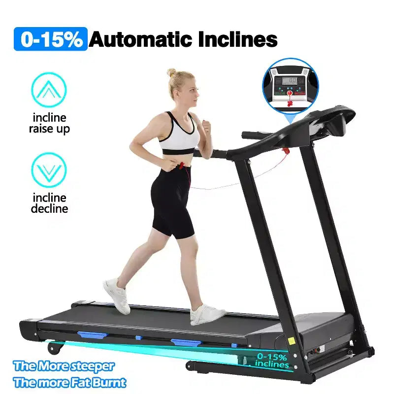 Tapis de course électrique pliable FYC, capacité de poids de 150 kg avec inclinaison automatique de 15 %, moteur 3,5 CV, vitesse max. 16 km/h, Bluetooth, application, capteur de fréquence cardiaque