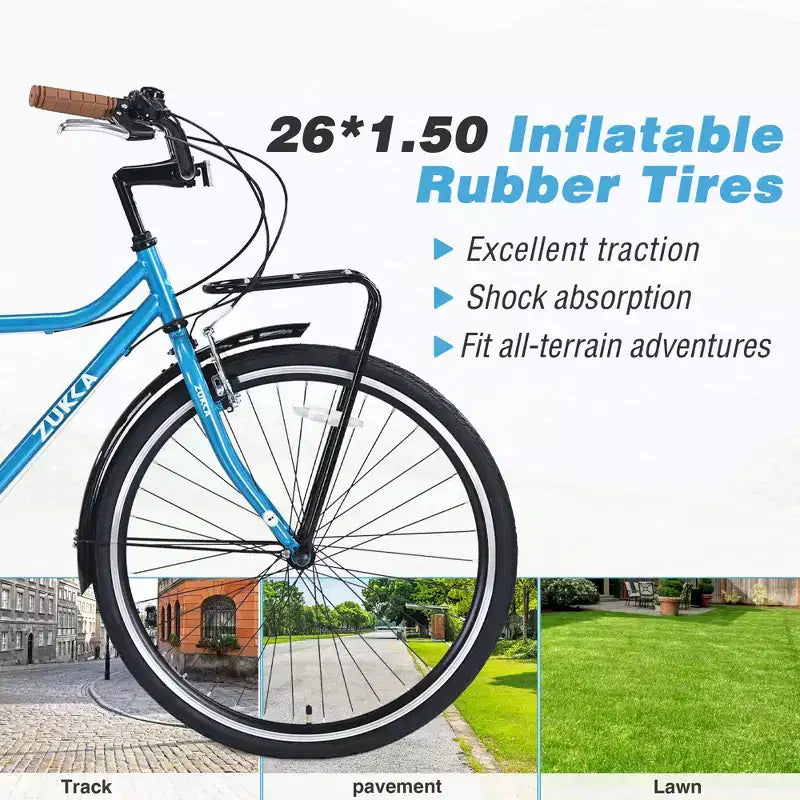 Okak 26IN Vintage Cruiser Bikes with Metal Stand, Adult Commute Bike with Metal Frame and Chain Guard, Bicycle for Commuting, Travel