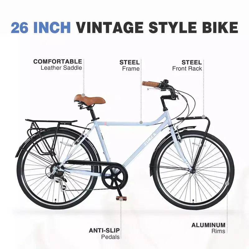 Okak 26IN Vintage Cruiser Bikes with Metal Stand, Adult Commute Bike with Metal Frame and Chain Guard, Bicycle for Commuting, Travel