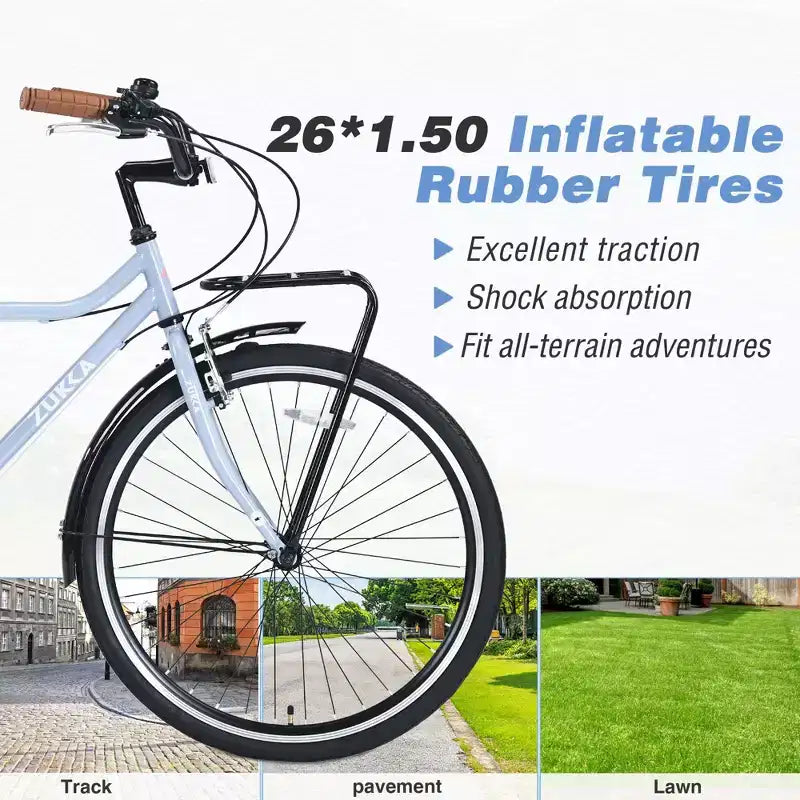Okak 26IN Vintage Cruiser Bikes with Metal Stand, Adult Commute Bike with Metal Frame and Chain Guard, Bicycle for Commuting, Travel