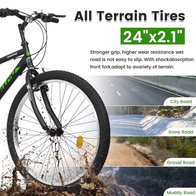 VTT Okak 24 pouces avec cadre en acier au carbone, vélo pour enfants à 21 vitesses avec double frein en V et selle ergonomique, vélo pour les trajets quotidiens et les voyages