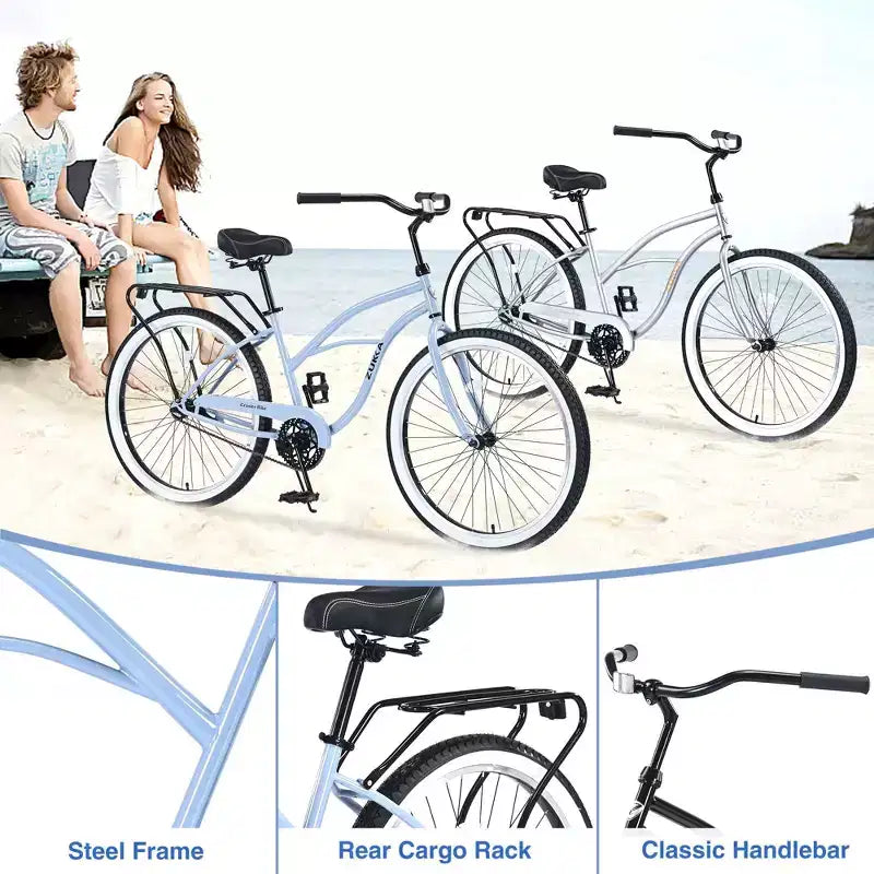 Vélos de croisière Okak 26 pouces à vitesse unique avec cadre en acier, vélo pour adultes avec roues larges et freins à rétropédalage arrière, vélo pour hommes et femmes
