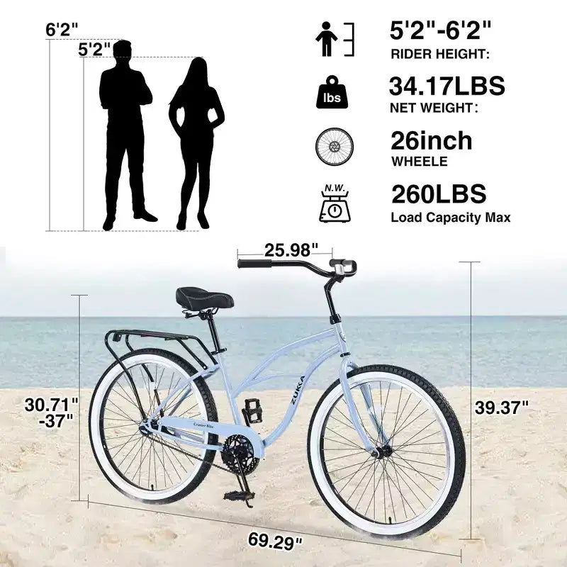 Vélos de croisière Okak 26 pouces à vitesse unique avec cadre en acier, vélo pour adultes avec roues larges et freins à rétropédalage arrière, vélo pour hommes et femmes