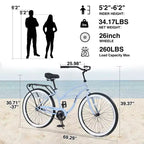 Vélos de croisière Okak 26 pouces à vitesse unique avec cadre en acier, vélo pour adultes avec roues larges et freins à rétropédalage arrière, vélo pour hommes et femmes
