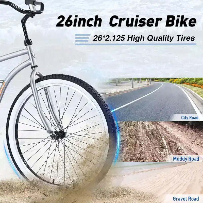 Vélos de croisière Okak 26 pouces à vitesse unique avec cadre en acier, vélo pour adultes avec roues larges et freins à rétropédalage arrière, vélo pour hommes et femmes