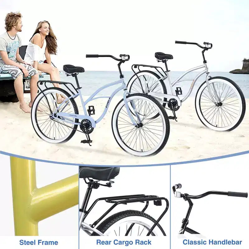 Vélos de croisière Okak 26 pouces à vitesse unique avec cadre en acier, vélo pour adultes avec roues larges et freins à rétropédalage arrière, vélo pour hommes et femmes