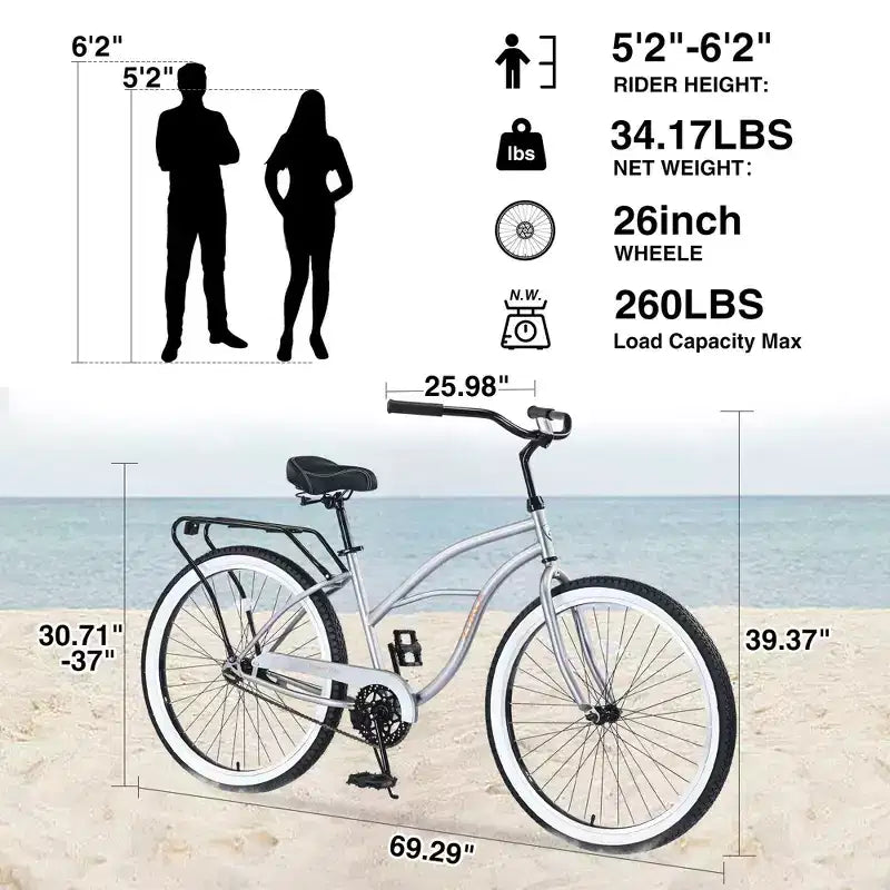 Vélos de croisière Okak 26 pouces à vitesse unique avec cadre en acier, vélo pour adultes avec roues larges et freins à rétropédalage arrière, vélo pour hommes et femmes