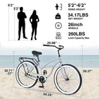 Vélos de croisière Okak 26 pouces à vitesse unique avec cadre en acier, vélo pour adultes avec roues larges et freins à rétropédalage arrière, vélo pour hommes et femmes
