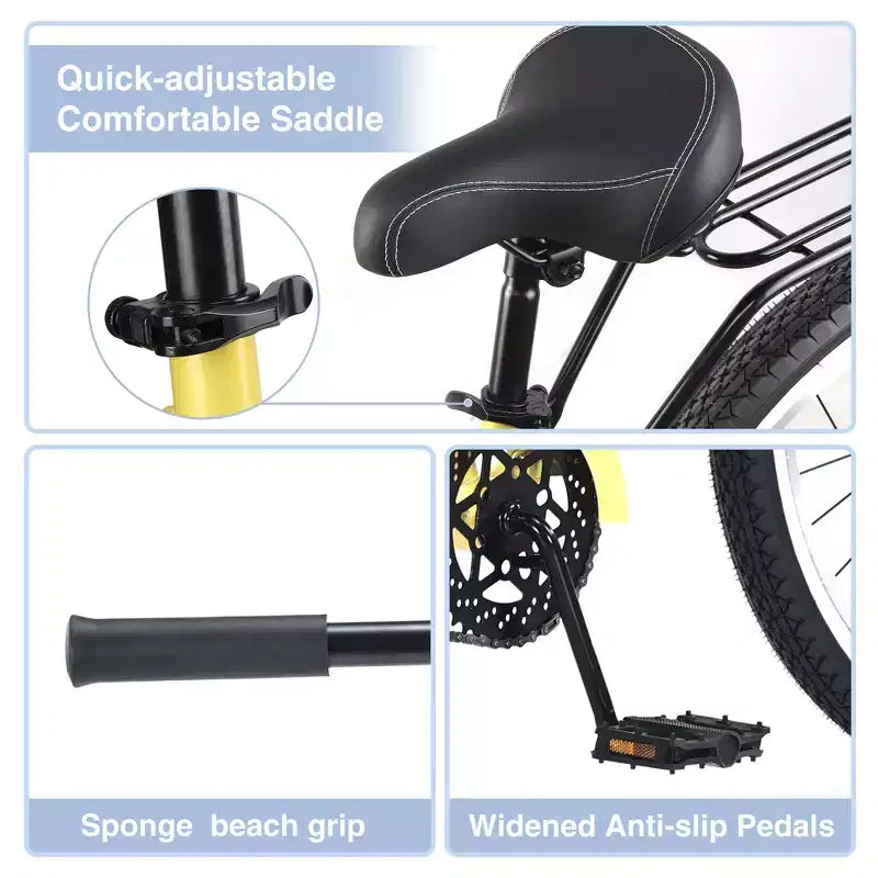 Vélos de croisière Okak 26 pouces à vitesse unique avec cadre en acier, vélo pour adultes avec roues larges et freins à rétropédalage arrière, vélo pour hommes et femmes