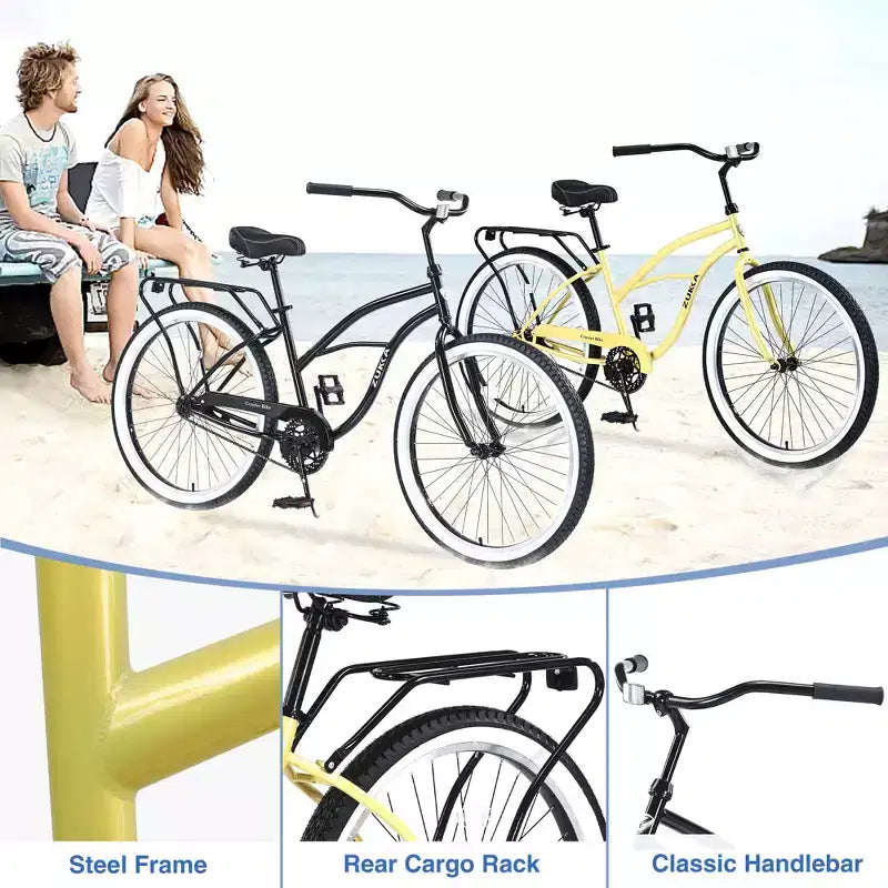 Vélos de croisière Okak 26 pouces à vitesse unique avec cadre en acier, vélo pour adultes avec roues larges et freins à rétropédalage arrière, vélo pour hommes et femmes