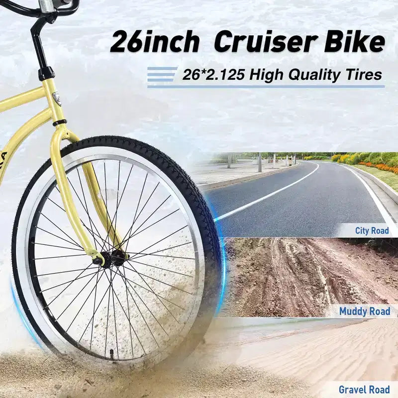 Vélos de croisière Okak 26 pouces à vitesse unique avec cadre en acier, vélo pour adultes avec roues larges et freins à rétropédalage arrière, vélo pour hommes et femmes