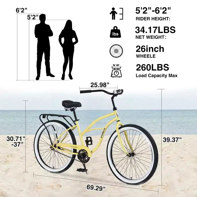 Vélos de croisière Okak 26 pouces à vitesse unique avec cadre en acier, vélo pour adultes avec roues larges et freins à rétropédalage arrière, vélo pour hommes et femmes