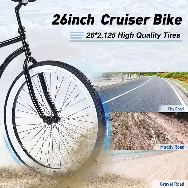 Vélos de croisière Okak 26 pouces à vitesse unique avec cadre en acier, vélo pour adultes avec roues larges et freins à rétropédalage arrière, vélo pour hommes et femmes