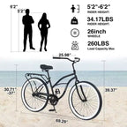 Vélos de croisière Okak 26 pouces à vitesse unique avec cadre en acier, vélo pour adultes avec roues larges et freins à rétropédalage arrière, vélo pour hommes et femmes