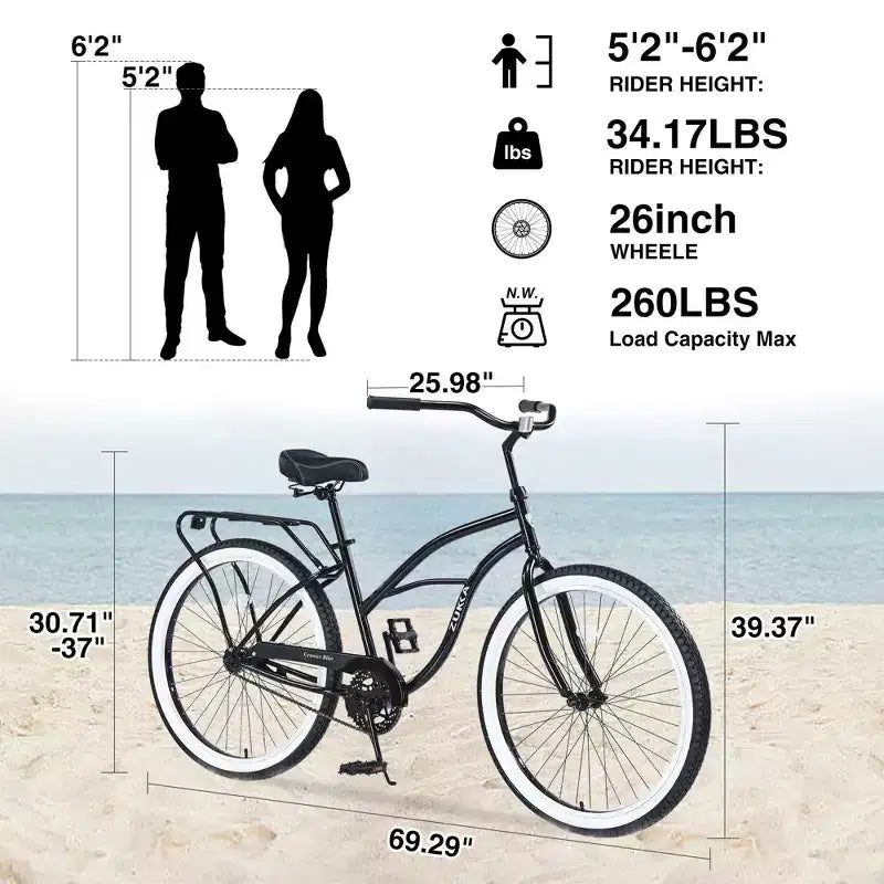 Vélos de croisière Okak 26 pouces à vitesse unique avec cadre en acier, vélo pour adultes avec roues larges et freins à rétropédalage arrière, vélo pour hommes et femmes