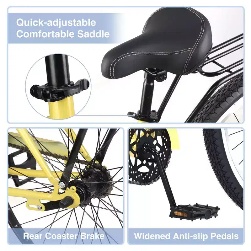 Vélos de croisière Okak 26 pouces à vitesse unique avec cadre en acier, vélo pour adultes avec roues larges et freins à rétropédalage arrière, vélo pour hommes et femmes