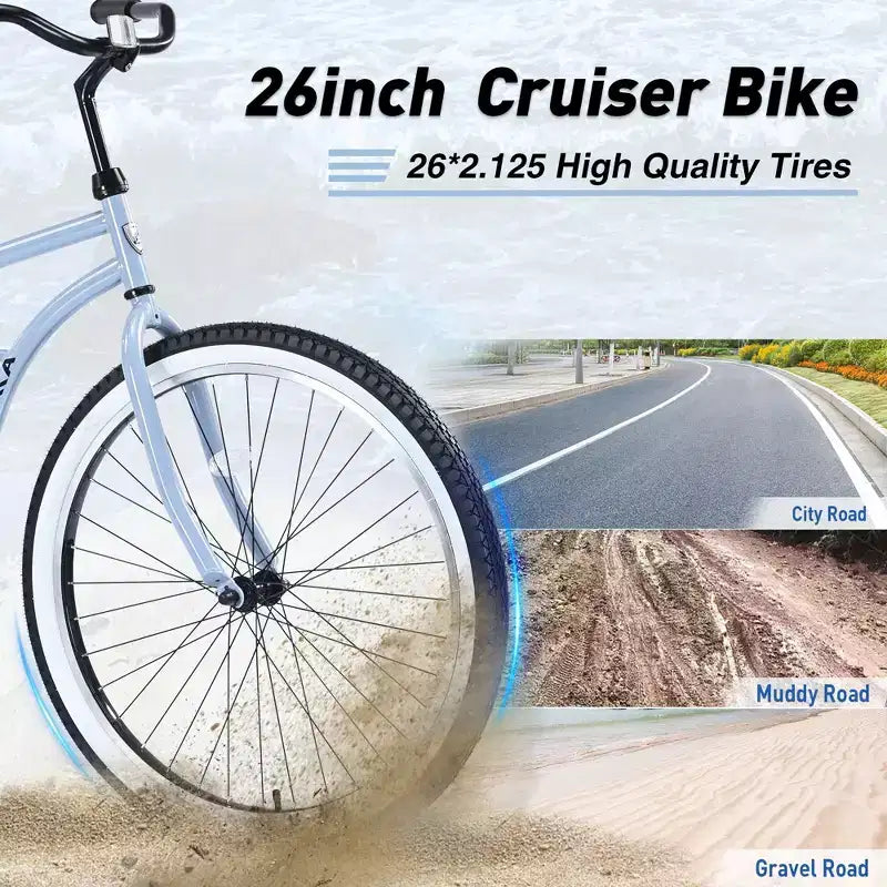 Vélos de croisière Okak 26 pouces à vitesse unique avec cadre en acier, vélo pour adultes avec roues larges et freins à rétropédalage arrière, vélo pour hommes et femmes