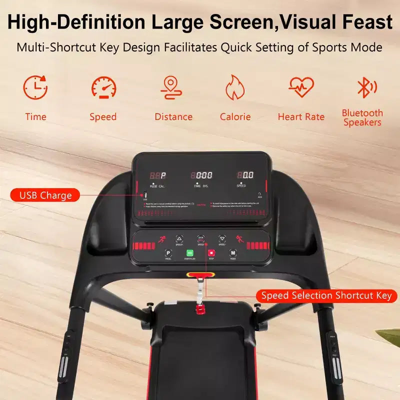 Folding Treadmill for Home, 2.5HP Quiet Motor, Incline, Heart Rate Sensor, USB Charge, Bluetooth Speaker, 6 Shock-Absorbing, 300lbs Capacity