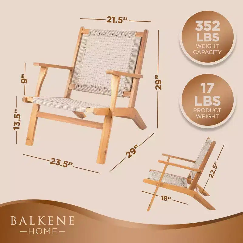 Balkene Home 62773 Vega Natural Stain Outdoor Chair Acacia Wood Construction Hand Woven Seat Mid Century Design Comfortable Reclining Armchair