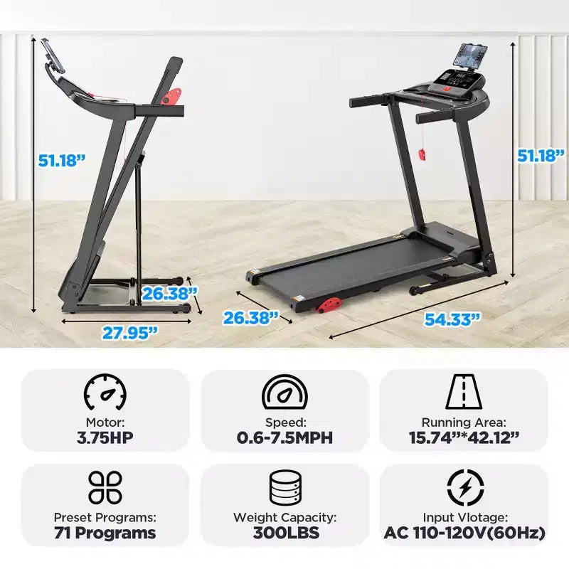 Tapis de course pliable 3.75 CV avec capacité de 136 kg, 71 programmes, pour la maison avec inclinaison, contrôle intelligent via application, Bluetooth et haut-parleurs stéréo HiFi