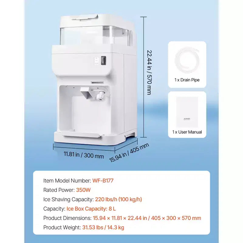 VEVOR Broyeur de Glace Commercial, Machine à Granité Électrique 100 kg/h avec Bac à Glaçons 8 L, Machine à Glace Pilée de Table 350W 1500 tr/min, Blanc