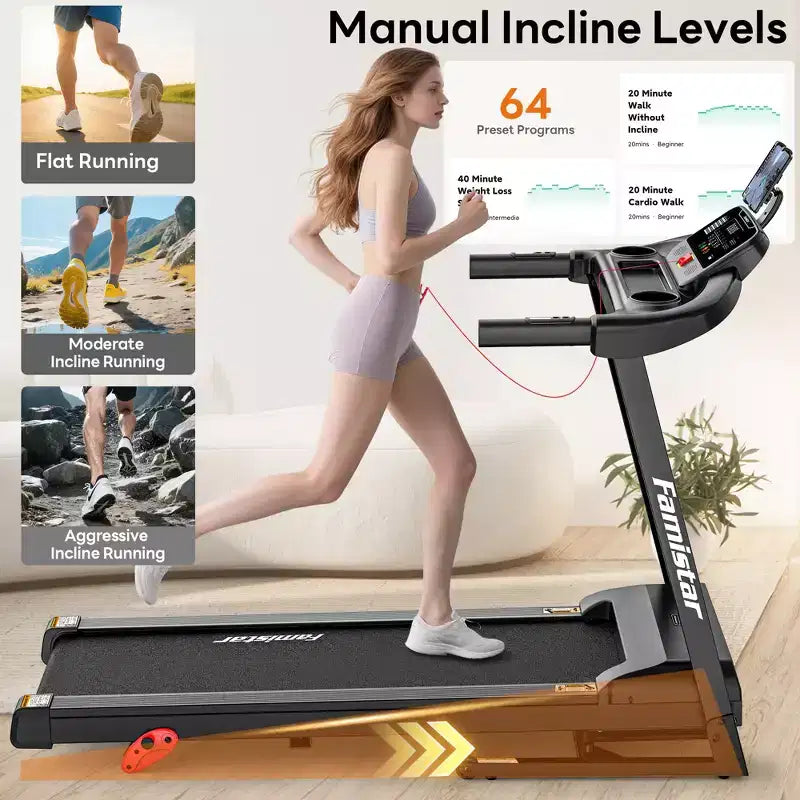 Tapis de course pliable capacité 158 kg pour la maison, tapis de course inclinable pour l'exercice, inclinaison manuelle à 6 %, 12 km/h, bande de roulement large de 40 cm, 71 programmes, soutien des genoux