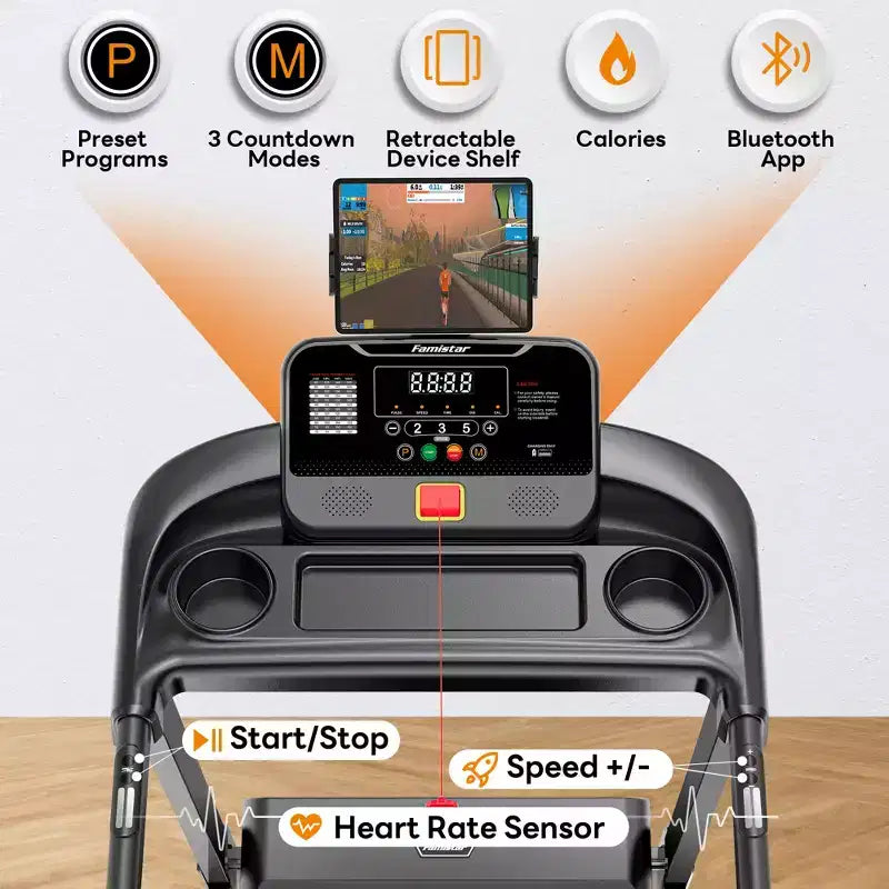 Tapis de course pliable capacité 158 kg pour la maison, tapis de course inclinable pour l'exercice, inclinaison manuelle à 6 %, 12 km/h, bande de roulement large de 40 cm, 71 programmes, soutien des genoux