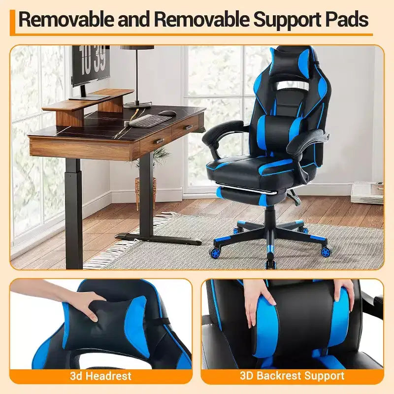 Chaise de jeu ergonomique, chaise d'ordinateur en PU à dossier haut, repose-pieds rétractable, réglable en hauteur, support lombaire et appui-tête réglables, chaise de bureau pivotante