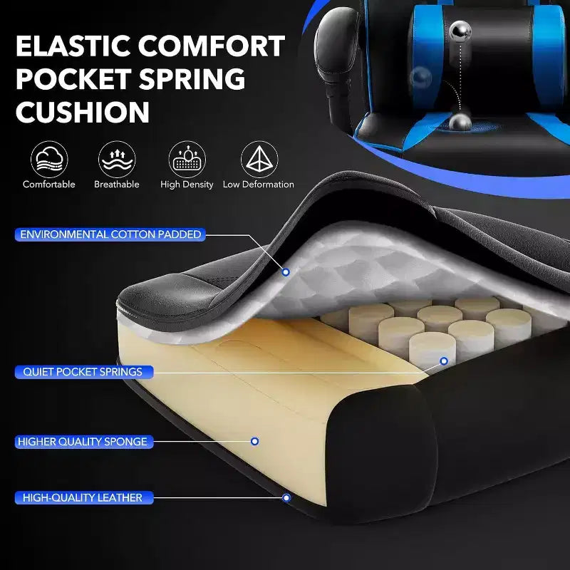 Chaise de jeu ergonomique, chaise d'ordinateur en PU à dossier haut, repose-pieds rétractable, réglable en hauteur, support lombaire et appui-tête réglables, chaise de bureau pivotante
