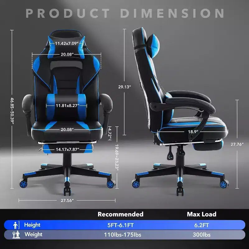 Chaise de jeu ergonomique, chaise d'ordinateur en PU à dossier haut, repose-pieds rétractable, réglable en hauteur, support lombaire et appui-tête réglables, chaise de bureau pivotante