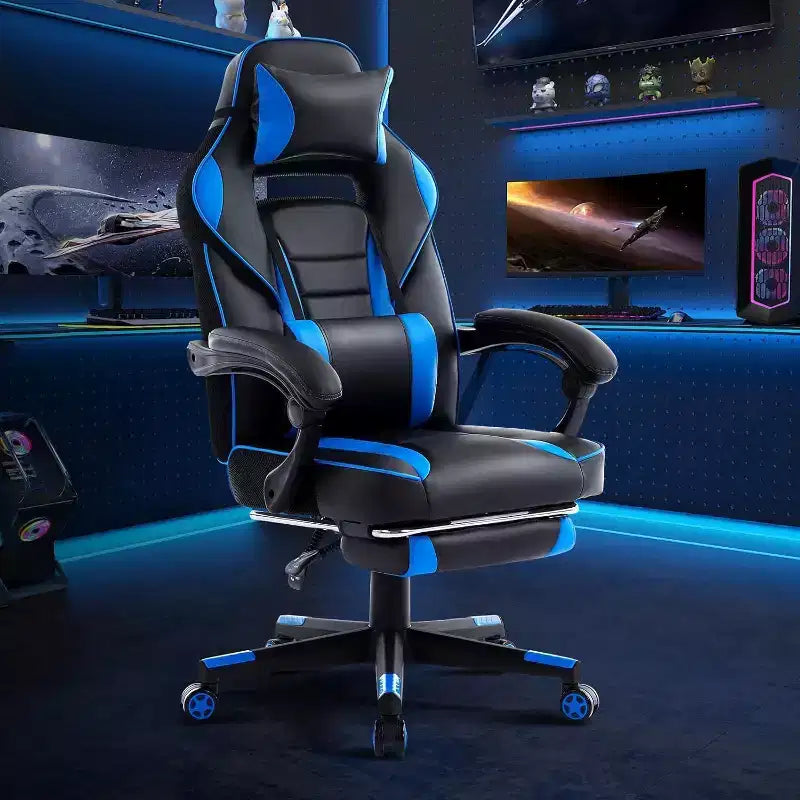 Chaise de jeu ergonomique, chaise d'ordinateur en PU à dossier haut, repose-pieds rétractable, réglable en hauteur, support lombaire et appui-tête réglables, chaise de bureau pivotante