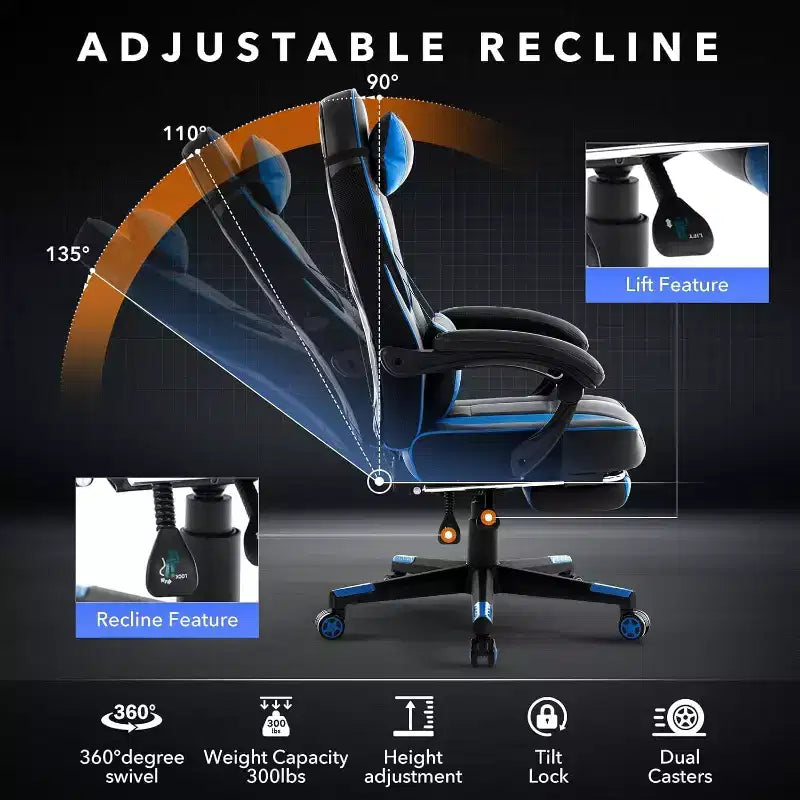Chaise de jeu ergonomique, chaise d'ordinateur en PU à dossier haut, repose-pieds rétractable, réglable en hauteur, support lombaire et appui-tête réglables, chaise de bureau pivotante