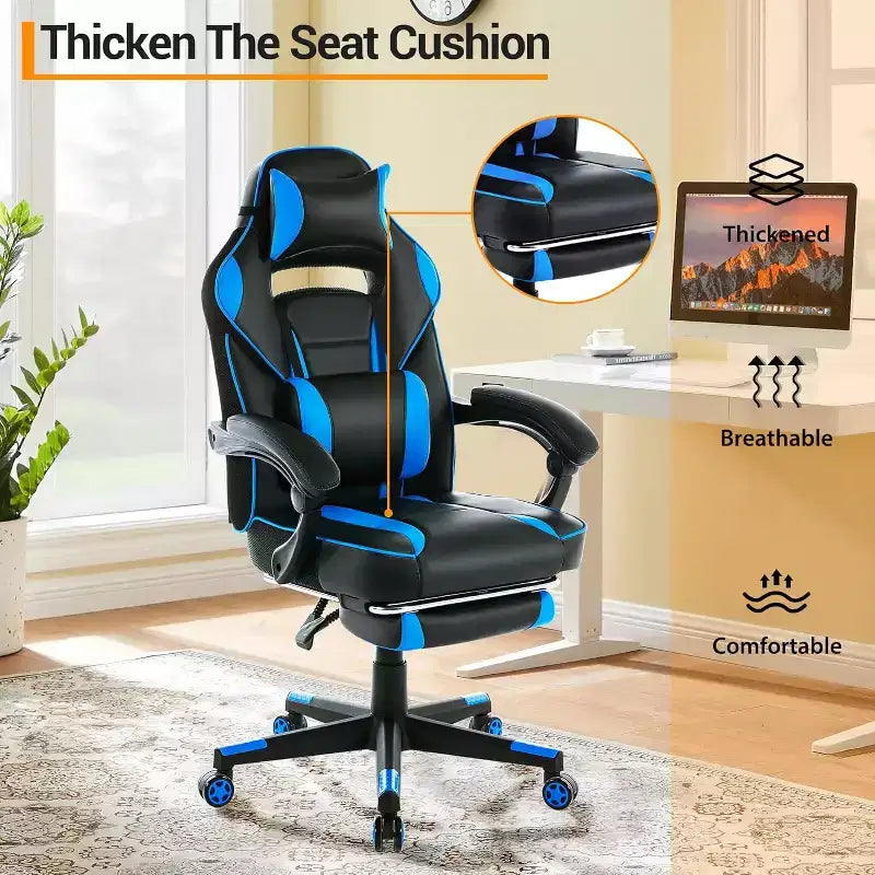 Chaise de jeu ergonomique, chaise d'ordinateur en PU à dossier haut, repose-pieds rétractable, réglable en hauteur, support lombaire et appui-tête réglables, chaise de bureau pivotante