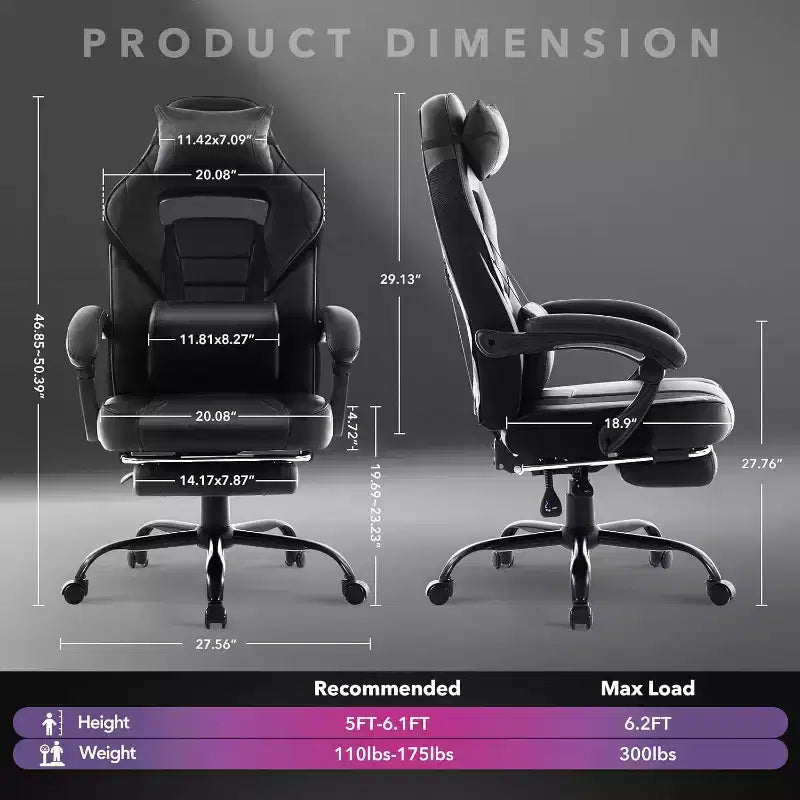 Chaise de jeu ergonomique, chaise d'ordinateur en PU à dossier haut, repose-pieds rétractable, réglable en hauteur, support lombaire et appui-tête réglables, chaise de bureau pivotante