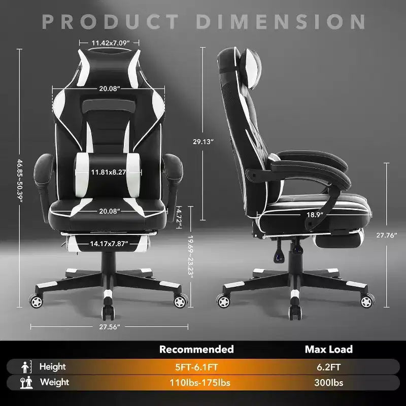 Chaise de jeu ergonomique, chaise d'ordinateur en PU à dossier haut, repose-pieds rétractable, réglable en hauteur, support lombaire et appui-tête réglables, chaise de bureau pivotante