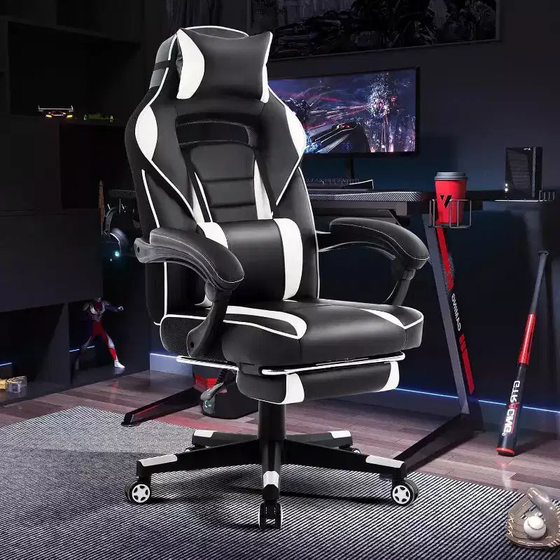 Chaise de jeu ergonomique, chaise d'ordinateur en PU à dossier haut, repose-pieds rétractable, réglable en hauteur, support lombaire et appui-tête réglables, chaise de bureau pivotante