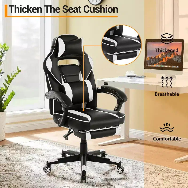 Chaise de jeu ergonomique, chaise d'ordinateur en PU à dossier haut, repose-pieds rétractable, réglable en hauteur, support lombaire et appui-tête réglables, chaise de bureau pivotante