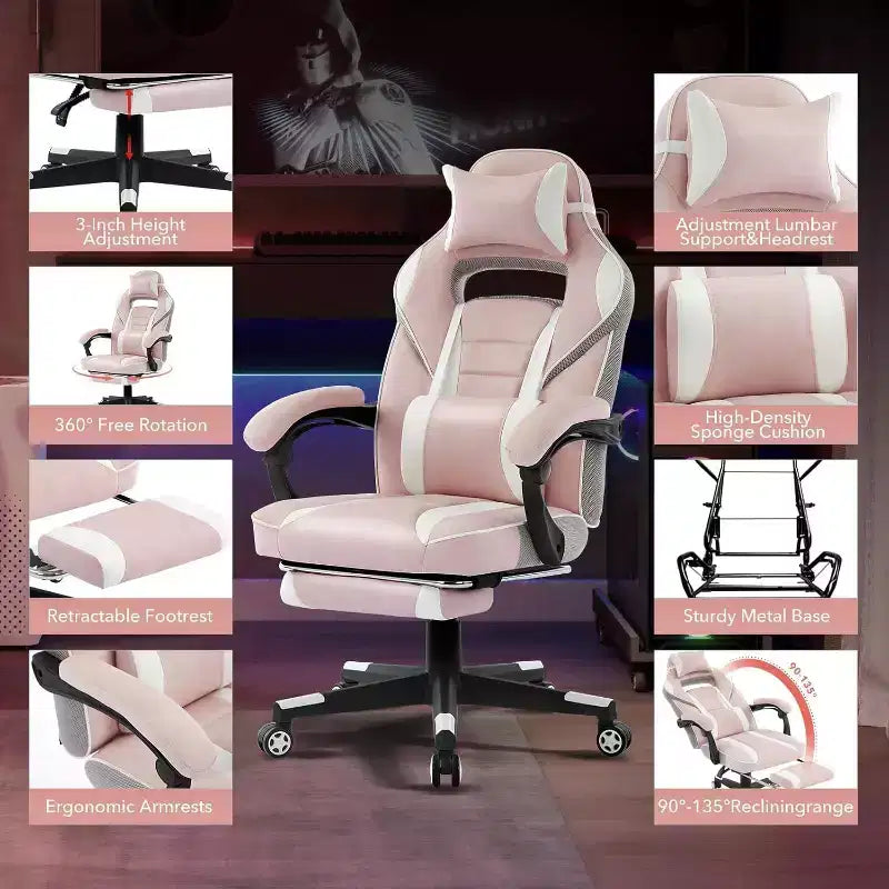 Chaise de jeu ergonomique, chaise d'ordinateur en PU à dossier haut, repose-pieds rétractable, réglable en hauteur, support lombaire et appui-tête réglables, chaise de bureau pivotante