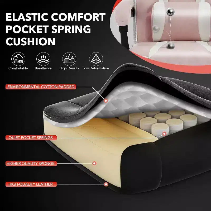 Chaise de jeu ergonomique, chaise d'ordinateur en PU à dossier haut, repose-pieds rétractable, réglable en hauteur, support lombaire et appui-tête réglables, chaise de bureau pivotante