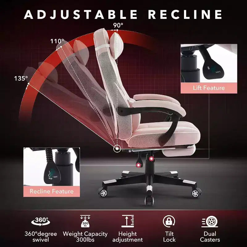 Chaise de jeu ergonomique, chaise d'ordinateur en PU à dossier haut, repose-pieds rétractable, réglable en hauteur, support lombaire et appui-tête réglables, chaise de bureau pivotante