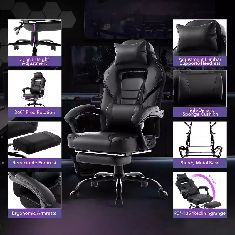 Chaise de jeu ergonomique, chaise d'ordinateur en PU à dossier haut, repose-pieds rétractable, réglable en hauteur, support lombaire et appui-tête réglables, chaise de bureau pivotante