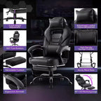 Chaise de jeu ergonomique, chaise d'ordinateur en PU à dossier haut, repose-pieds rétractable, réglable en hauteur, support lombaire et appui-tête réglables, chaise de bureau pivotante