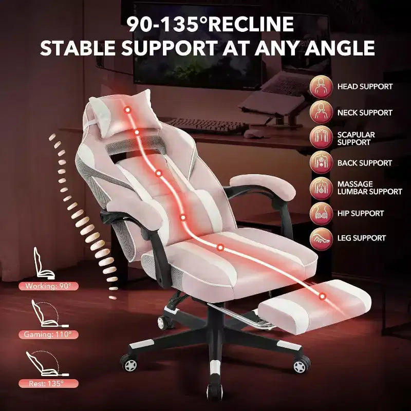 Chaise de jeu ergonomique, chaise d'ordinateur en PU à dossier haut, repose-pieds rétractable, réglable en hauteur, support lombaire et appui-tête réglables, chaise de bureau pivotante
