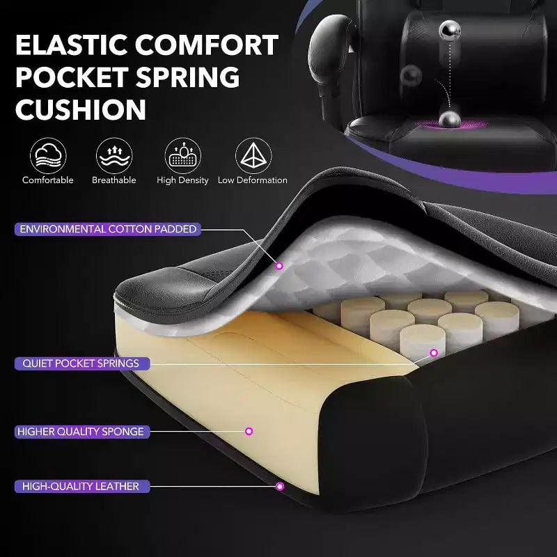 Chaise de jeu ergonomique, chaise d'ordinateur en PU à dossier haut, repose-pieds rétractable, réglable en hauteur, support lombaire et appui-tête réglables, chaise de bureau pivotante