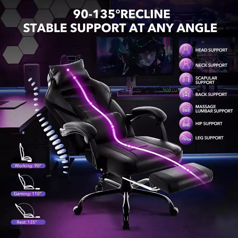 Chaise de jeu ergonomique, chaise d'ordinateur en PU à dossier haut, repose-pieds rétractable, réglable en hauteur, support lombaire et appui-tête réglables, chaise de bureau pivotante