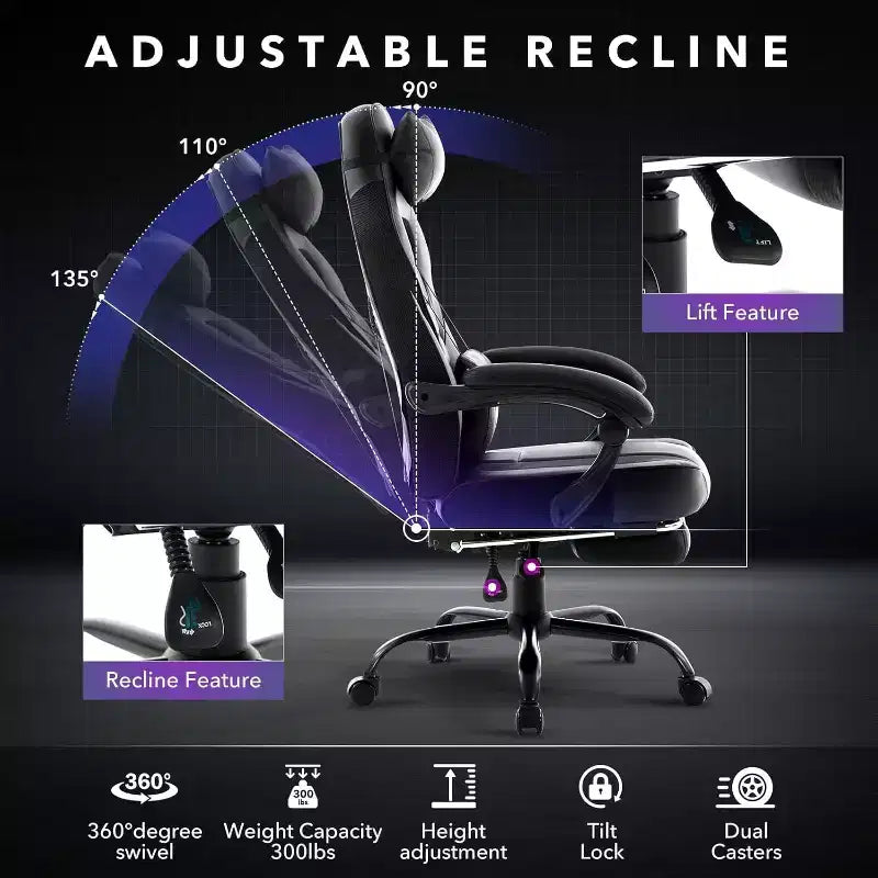 Chaise de jeu ergonomique, chaise d'ordinateur en PU à dossier haut, repose-pieds rétractable, réglable en hauteur, support lombaire et appui-tête réglables, chaise de bureau pivotante