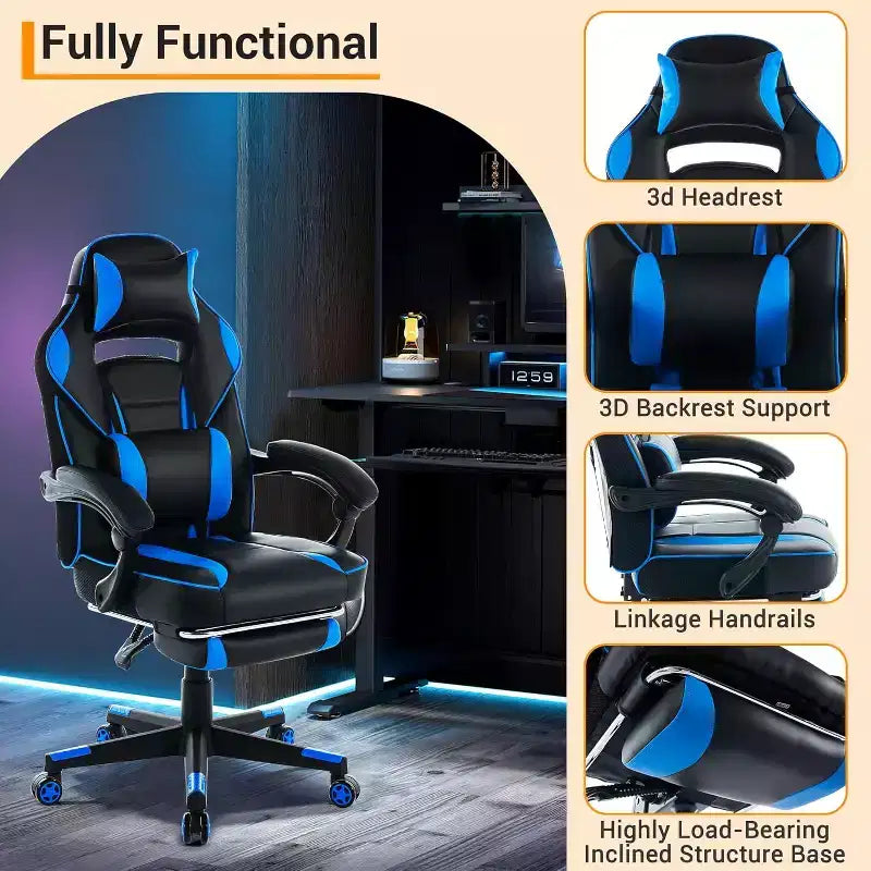 Chaise de jeu ergonomique, chaise d'ordinateur en PU à dossier haut, repose-pieds rétractable, réglable en hauteur, support lombaire et appui-tête réglables, chaise de bureau pivotante