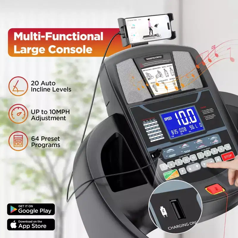 Tapis de course pliable 4,75 CV, capacité de 136 kg, inclinaison automatique de 20 %, application intelligente avec course/marche virtuelle, 64+3+3+1 programmes, 19,3 km/h, tapis de course portable pour la maison
